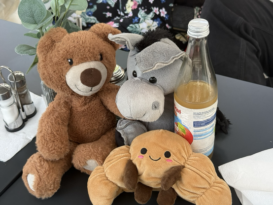 Rico, Muli und Crossi sitzen mit einer Apfelschorle auf dem Tisch