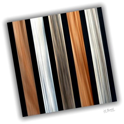 A square image, tilted to the left, set against a white background. It shows five vertical bars in various colours ranging from dark brown to almost white, with a wood-like, elongated grain pattern, set against a black background.