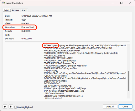 Process Monitor details of spawned imagemagick process.
c:\tmp is prepended to the PATH environment variable.