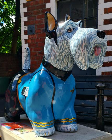 A large sculpture of a Scottie dog painted to look like Spock from Star Trek.