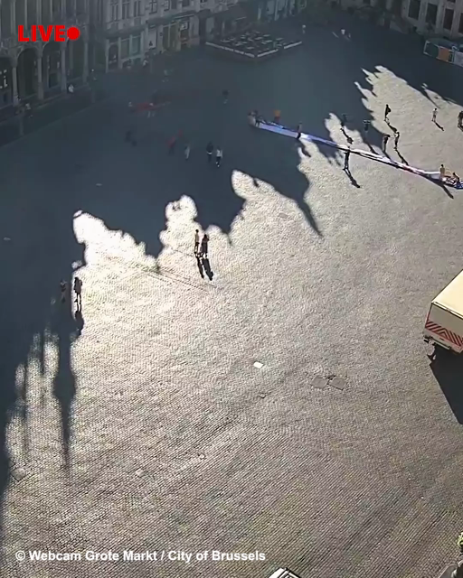 Live webcam Grote Markt / City of Brussels footage shows six activists unrolling a huge banner that shows Trump dancing alongside text that reads War. Greed. Energy Crisis. What's There to Celebrate? #TimeToResist