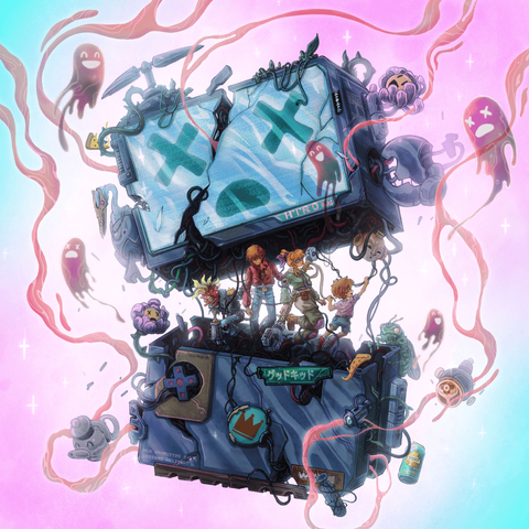 The album cover for the album 'Can We Hang Out Sometime' by Good Kid. It depicts a painted design of a gameboy style portable handheld console, opened up showing circuitry and cables, with the themes and pieces of the album, and probably a depiction of the band as indie band characters inside.