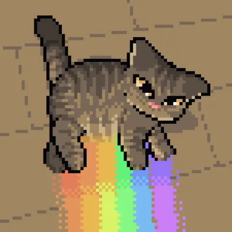A Pixel Art Redraw, featuring a cat lying sideways on the floor, with a rainbow emanating out of the cat's belly downwards. Nature is beautiful.