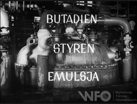 Another frame, this time with a large tank with many pipes going to it. On the video, in large superimposed text:

BUTADIEN

STYREN

EMULSJA