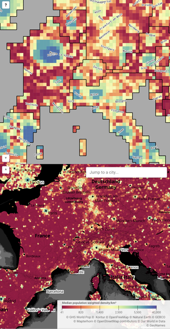 a screenshot of a uniform population cartogram and a chloropleth map showing median population densities across a chunk of europe