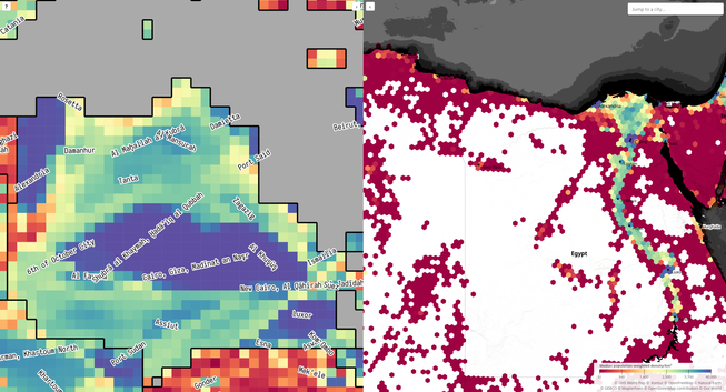a side-by-side uniform population projection and geographic chloropleth map showing median population density in and around Egypt
on the geographic projection the population is a slither along the nile.
on the uniform population projection almost the entire population is highly urbanised with Cairo, Alexandria and Luxor as huge, dense blobs.