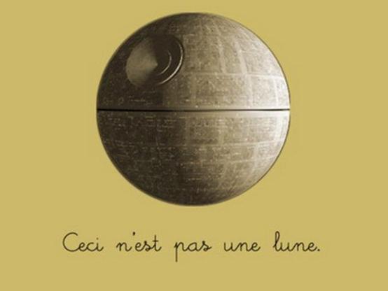 Drawing of the death star. Underneath is scribbled Ceci n'est pas une lune.