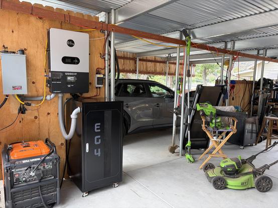 Solar inverter, batteries, generator and battery operated lawn care equipment