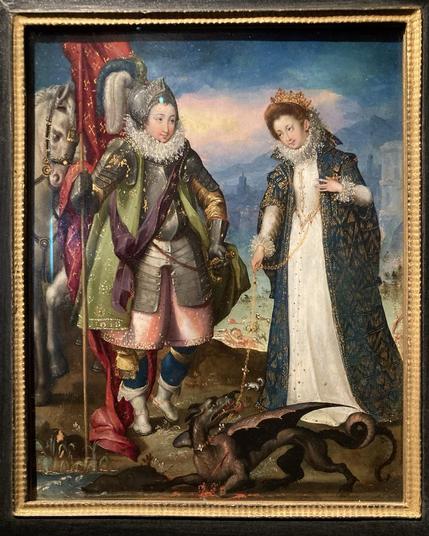Painting of two people, one of whom is a princess walking a dragon held by a golden leash.

Friedrich Sustris
HI. Georg und die Prinzessin (Allegorisches Verlöbnis), 1570-1600
St George and the Princess (Allegorical Betrothal), 1570-1600
Öl auf Kupfer / Oil on Copper
Arp Museum Bahnhof Rolandseck
Sammlung Rau für UNICEF/Collection Rau for UNICEF