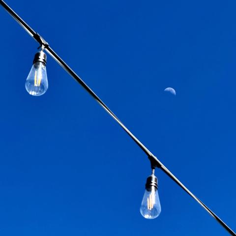 String of patio lights against a blue sky with the moon in the background
