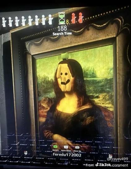 A digitally altered image of the Mona Lisa, featuring a cartoonish face drawn on. Look closer and you will see a figure camouflaged in the painting. 

The background displays a computer screen with game elements, including a countdown timer for "search time" and various icons.