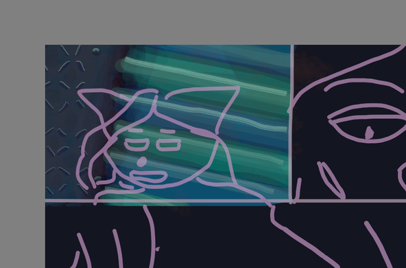 A preview of Starstruck page 4, with sketch layer showing a character, and only one panel having a rendered background.