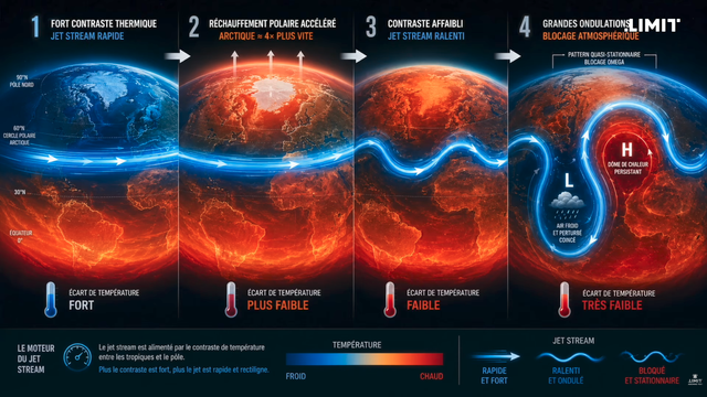 Illustration en quatre panneaux du courant circumpolaire, d'abord en conditions optimales puis en conditions de réchauffement, qui créent de plus en plus d'évènements météo extrêmes.