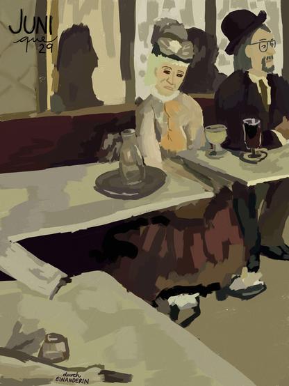 Digitale Zeichnung, angelehnt an das Gemälde "Der Absinth" von Edgar Degas: eine Frau im Kleid und mit Hut und ein Mann im Anzug, ebenfalls mit Hut, (tatsächlich sind es die beiden Jungs der Kreativembos) sitzen an den rechten Bildrand gequetscht in einem Café an einem Tisch an einer Wandseite. Sie wirken einsam. Vor ihnen zwei Gläser mit Getränken (bei der Frau handelt es sich wohl um Absinth), am Nachbartisch eine Glaskaraffe. Die Frau sieht betrübt wie ins Leere, der Mann irgendwo nach außerhalb des Bildes.