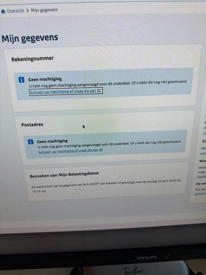 Schermfoto van de site van belastingdienst waar zelfs voor losse onderdelen weer opnieuw machtigingen nodig zijn.