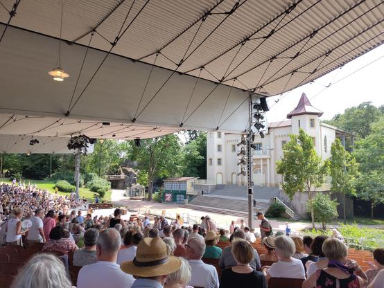 Blick aus dem überdachten Zuschauerbereich auf die Bühne, zu sehen sind Menschen unter einem hohen Dach, Ton- und Lichttechnik, eine Schloss-Kulisse, Wald und viel Platz. Ca. 4000 Personen können hierher kommen zu einem Auftritt, gespielt wird dieses Jahr u.a. auch noch Blues Brothers.