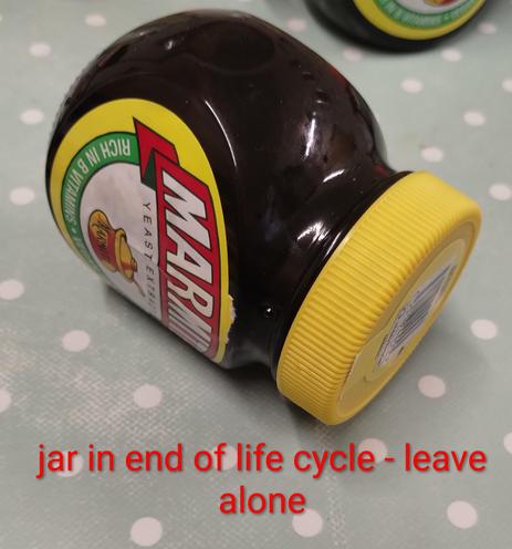 A Marmite jar set on a small flat side approximately 12mm diameter. This is not by accident. Text reads "jar in end of life cycle - leave alone".