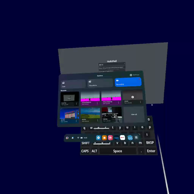 Video showcasing standalone version of HoloFed v0.6.2 on Quest 1, basic controller movement, grabbing/interacting with items, switchable avatars, interactive screen, main menu system etc.