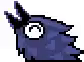 Pixel art of a blue-feathered bird-like character's head against a black background. The character has a single large, circular white eye with a downward-curved black pupil, messy dark-blue feathers and a large deep dark blue beak on top of it's head.
It's called a KawKaw.