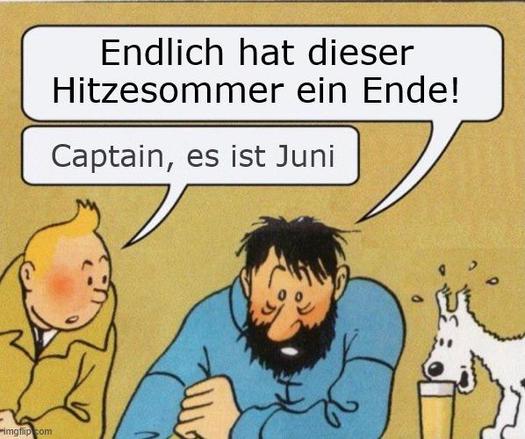 Das "Captain, it's Wednesday"-Meme: Der Captain sagt: Endlich hat dieser Hitzesommer ein Ende! Tim antwortet "Captain, es ist Juni"