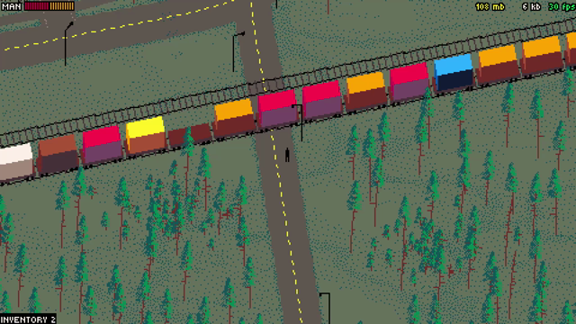 video from a low res indie game, pixel art charater waiting on a train crossing, cargo train passing.