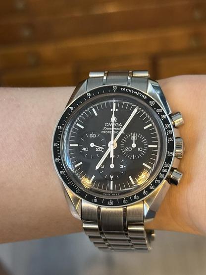 Another wrist shot of an Omega Speedmaster Professional, slightly tilted to the right.