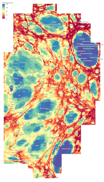a uniform population cartogram plot of germany showing the median population density of the people who live in each square