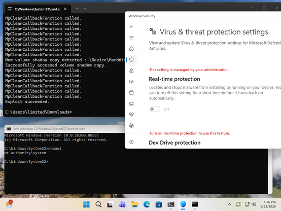 Windows 11 with Defender Real-time protection disabled.
RoguePlanet succeeds in popping a SYSTEM-privileged cmd prompt