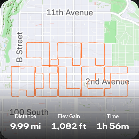 Screenshot of the "9.99 MILES" Strava art we drew for our run, with stats showing that route was indeed 9.99 miles.