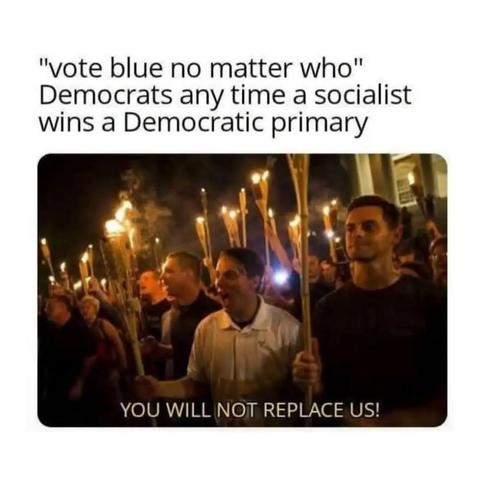 Caption, "vote blue no matter who" Democrats any time a socialist wins a Democratic primary
A photo of a group of marching white supremacists holding tiki torches, captioned with the chant, You will not replace us!