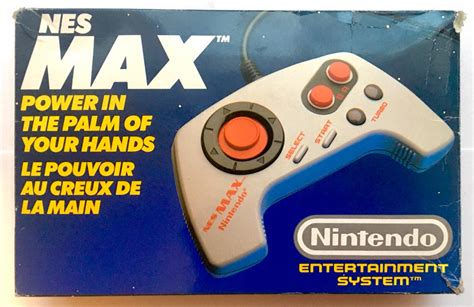 The box for the NES Max controller. The controller has a weird circular sliding thumb pad instead of a traditional plus-shaped dpad.