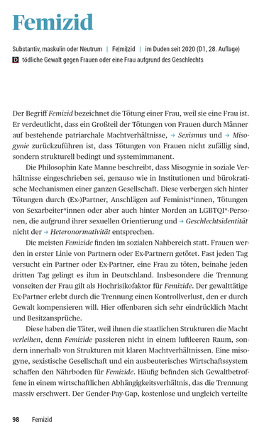 Die Autorin erklärt den Begriff Femizid. Leider überschreitet die Länge die Höchstanzahl an Zeichen bei der Bildbeschreibung dieses Mastodon-Posts. Der Text ist auf Seite 98 un 99 im Buch „Vielfalt“ zu finden.