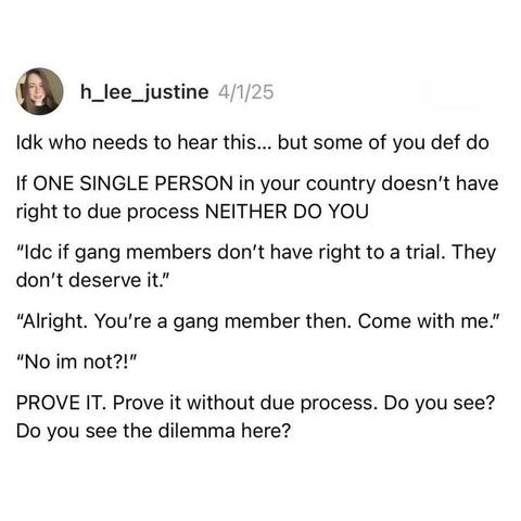h_lee_justine 4/1/25 posted

Idk who needs to hear this... but some of you def do
If ONE SINGLE PERSON in your country doesn't have
right to due process NEITHER DO YOU
"Idc if gang members don't have right to a trial. They
don't deserve it."
"Alright. You're a gang member then. Come with me."
"No im not?!"
PROVE IT. Prove it without due process. Do you see?
Do you see the dilemma here?