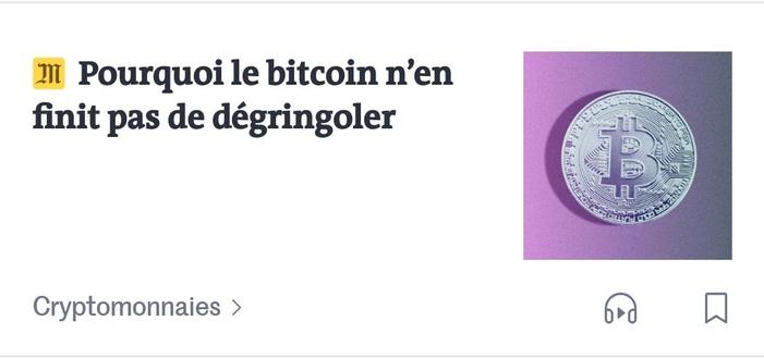 Titre extrait de la page d'accueil du Monde : "Pourquoi le bitcoin n'en finit pas de dégringoler"