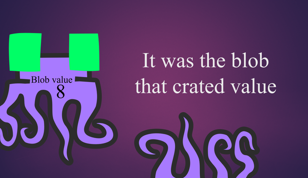 A purple gradient background with two blobs, one is only half visible and upside down. The fully visible blob has text inside of it:  "Blob value = 8". In the free space next to blob is a white text:  "It was the blob that crated(sic!) value"