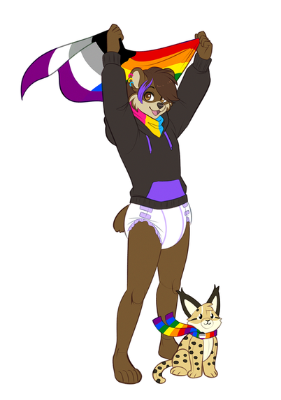 Sascha the anthro bear-lynx-hybrid is holding up a blanket flag, looking at the viewer. One half if the Rainbow, the other half the asexual flag.

He is wearing a pansexual pride bandana, a black and purple hoodie and a clean white and purple adult diaper.

His plushie friend, the lynx Sammy is sitting in front of him, looking happy. Sammy is wearing a rainbow pride scarf and a supportive asexual button.
