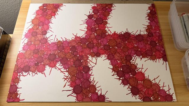 Splattery circles filled with different shades of red, maroon, and magenta, forming a branchlike structure