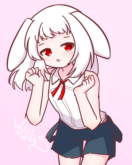 Anime style art of an human with bunny ears, the character being an albino bunny in human form, having medium white hair and red eyes. They wear a sleeveless white shirt with a red neck ribbon and blue shorts, and has their hands up as they look at the viewer with a calm expression. The character is みるく(Milk?), @daikei.bsky.social 's original character.