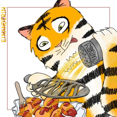 Digitale Zeichnung: ein Tiger streut mithilfe einer metallenen Schablone Currypulver in Tigerstreifenmuster auf eine vor ihm angerichtete, in Scheiben geschnittene Wurst mit roter Sauce. Eine kleine Holzgabel steckt in einem Stück.