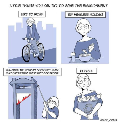 A four-panel comic. The heading is "Little things you can do to save the environment". Each of the panels depicts a person doing things a little differently in an attempt to help the environment.

Each panel has a heading, which also describes what the person is doing: "Bike to work", "Try meatless Mondays", "Guillotine the corrupt corporate class that is poisoning the planet for profit", and "Recycle".

The depiction of the guillotine shows the person having lifted the bloody blade after the killing stroke, but the victim is not shown.