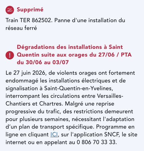 Message that the storm did damage the interlocking in Saint-Quentin-en-Yvelines and that the timetable is reduced for an infinite duration.