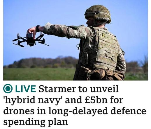 BBC headline underneath a picture of a military person gingerly holding a drone. It reads, "LIVE: Starter to unveil 'hybrid navy' and some other guff about defence spening that I frankly couldn't be arsed reading.