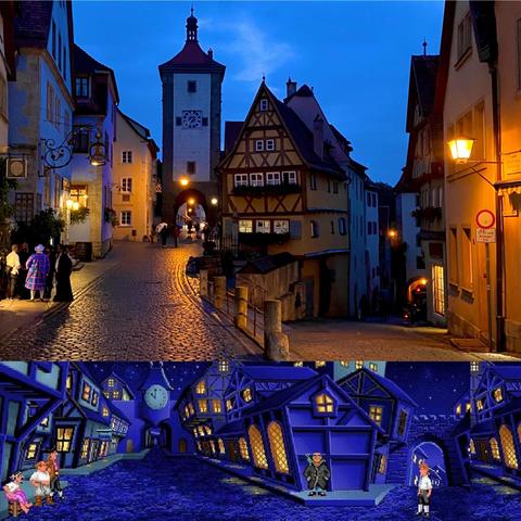 Photo and screenshot side by side, comparing the Rothenburg clock tower area with a scene in Monkey Island.