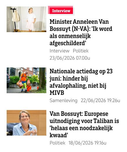 Een interview en een artikel over Van Bossuyt, met nog geen week tussen. In het oudste stuk zegt ze dat de Taliban uitnodigen een "noodzakelijk kwaad" is, daarna huilt ze dat ze als onmenselijk wordt afgeschilderd.