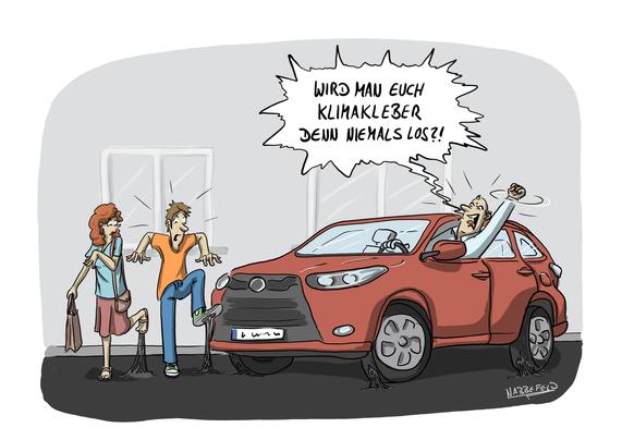 Eine Frau und ein Mann bleiben beim überqueren der Straße am von der Hitze aufgeweichten Asphalt kleben. Der an den Schuhen klebende Asphalt zieht zähflussige Fäden.
Ein SUV-Fahrer brüllt: „Wird man euch Klimakleber denn niemals los?!"