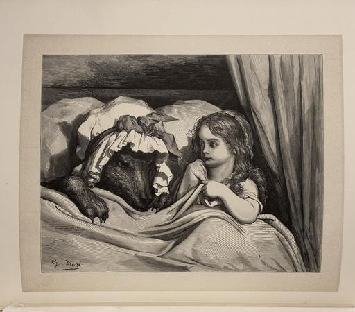 Gustave Dore engraving of Little Ted Riding Hood and the wolf in Grandmother’s bed