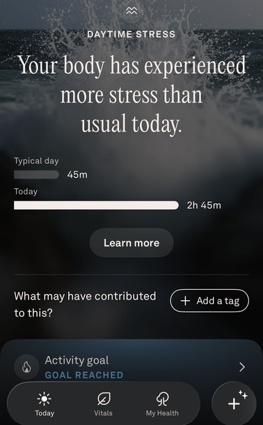 Screenshot from my Oura app. It thinks I’ve experienced more stress today than usual and asks what might be the reason.
