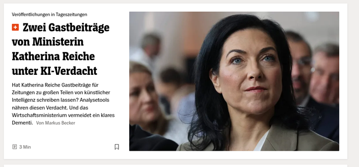 Screenshot eines Spiegel-Plus-Artikels mit der Überschrift: Zwei Gastbeiträge von Ministerin Katherina Reiche unter KI-Verdacht. Dazu ein Bild der Ministerin mit stechendem Blick.