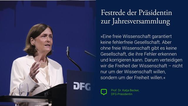 DFG-Präsidentin Katja Becker am Rednerpult.
Text auf dem Template:
Festrede der Präsidentin
»Eine freie Wissenschaft garantiert keine fehlerfreie Gesellschaft. Aber ohne freie Wissenschaft gibt es keine Gesellschaft, die ihre Fehler erkennen und korrigieren kann. Darum verteidigen wir die Freiheit der Wissenschaft – nicht nur um der Wissenschaft willen, sondern um der Freiheit willen.«