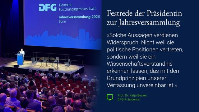 Bild in den Festsaal.
Template-Text:
Festrede der Präsidentin zur Jahresversammlung:
»Solche Aussagen verdienen Widerspruch. Nicht weil sie politische Positionen vertreten, sondern weil sie ein Wissenschaftsverständnis erkennen lassen, das mit den Grundprinzipien unserer Verfassung unvereinbar ist.«
